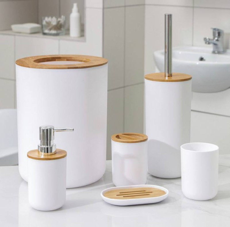 Set Elegant pentru baie format din 6 piese, ABS + lemn, culoare alb/maro