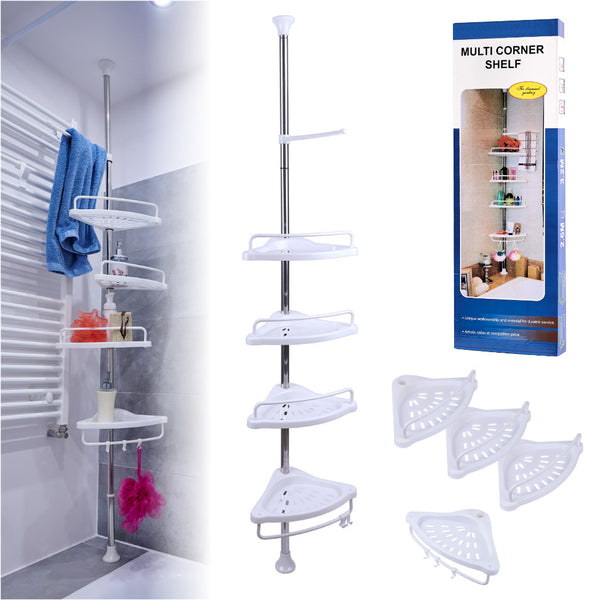 Organizator baie, raft de baie de tip "coltar" cu brat telescopic, cu 4 etajere si suport pentru prosop