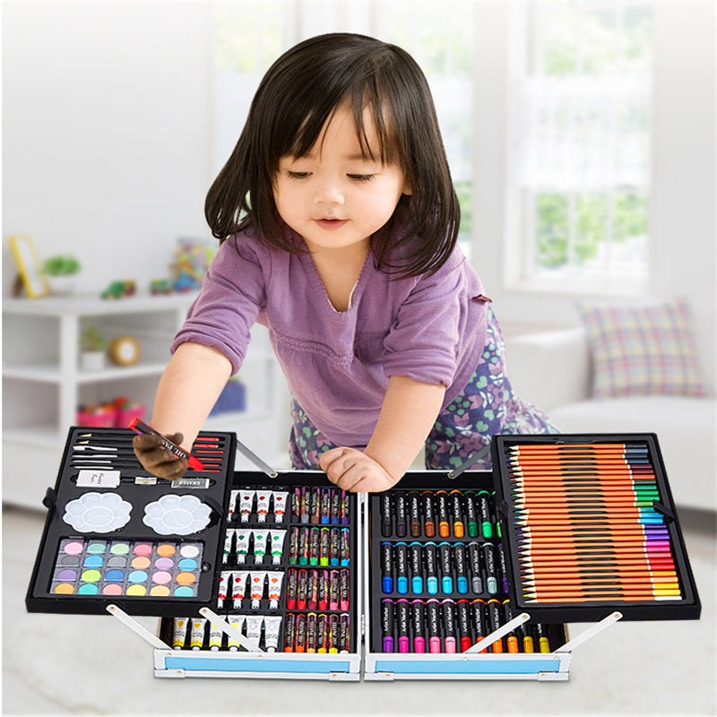 Set 145 piese pentru pictura, pentru copii sau adulti, pixuri de colorat, creioane colorate si vopsele de pictura, cu geanta de transport ALBASTRA, model AVX-WT-RUBENS145